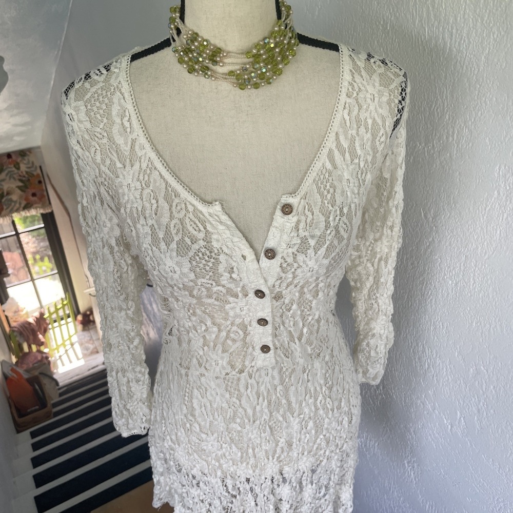 Mystree Vintage Henley Cream lace dress Sheer Button Front Bell Sleeve Small - Picture 6 of 8